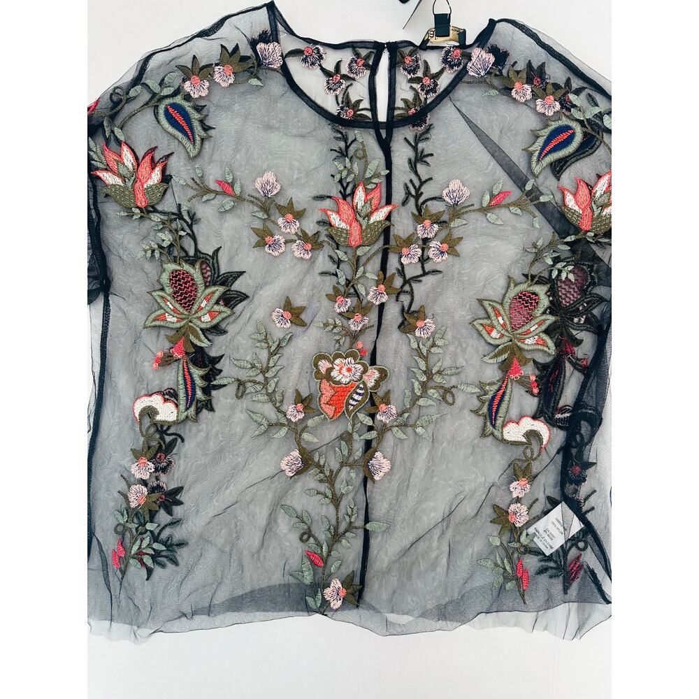 NWT Dalia Black Mesh Boho Floral Embroidered Flutter Sleeve Blouse - Size L - Picture 2 of 5